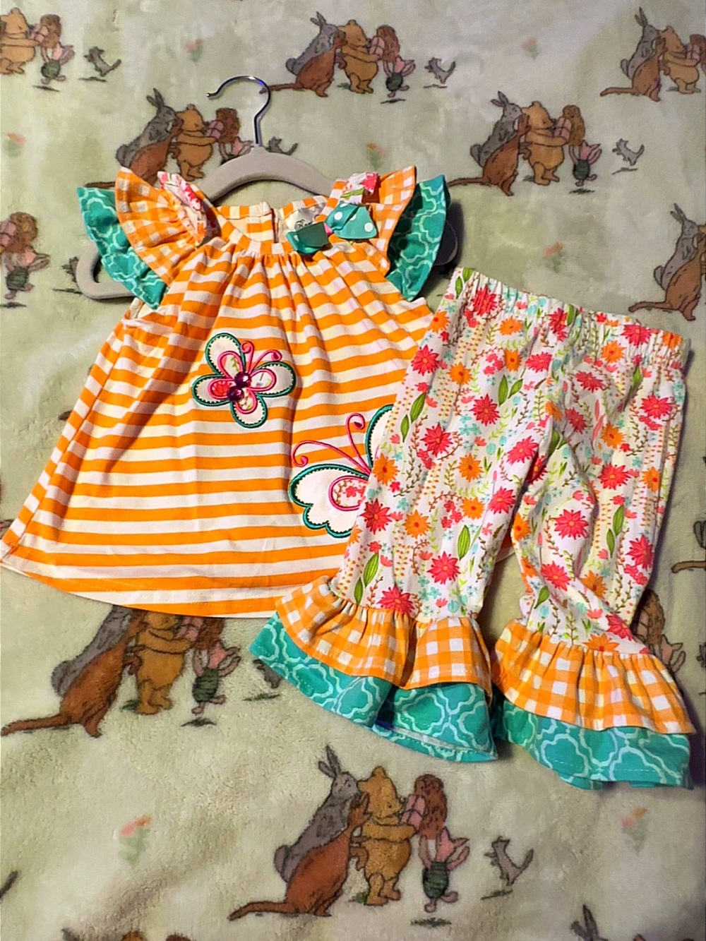 Rare Editions Orange & Green Stripe Butterfly Legging Set